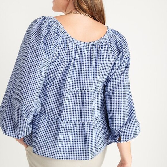 OLD NAVY Gingham Long Sleeve V-neck Tiered Seersucker Swing Top L - Picture 2 of 7